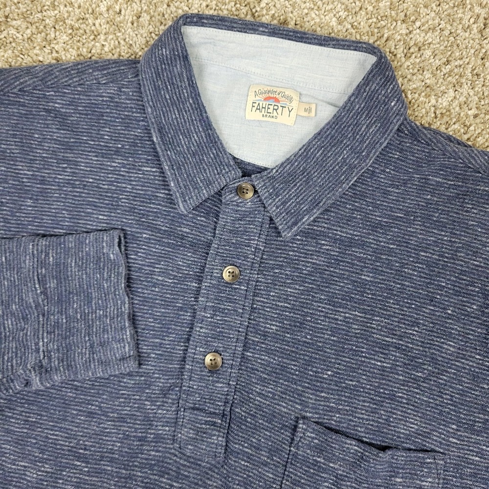 Faherty Mens Medium Blue Striped Performance Stretch Polo Long Sleeve